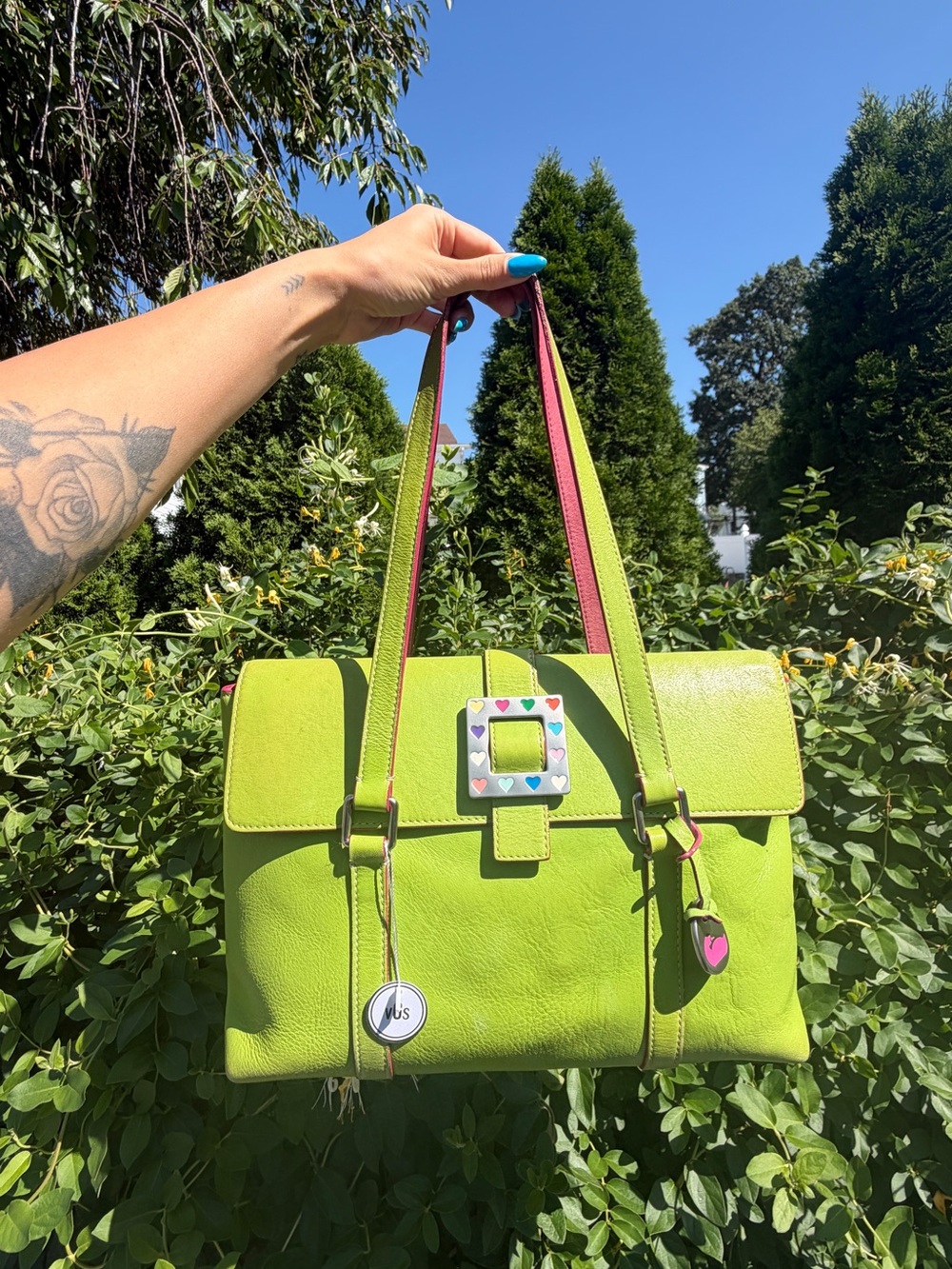 Vintage Dooney & Bourke Y2K Lime Green Hearts Leather Shoulder Tote Bag